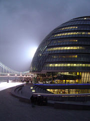 City Hall at night. The Greater London Authority meets here